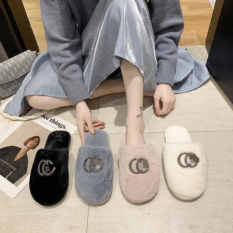 

2021 latest women's GG Baotou fluffy and fluffy flat indoor and outdoor ladies slippers and sandals, Customized color