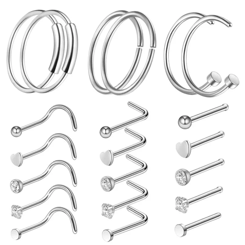 

VRIUA Factory Stock Geometric Stainless Steel Crystal Nose Hoop Ring Set Bone Bar Pin Cartilage Piercing Studs Body Jewelry