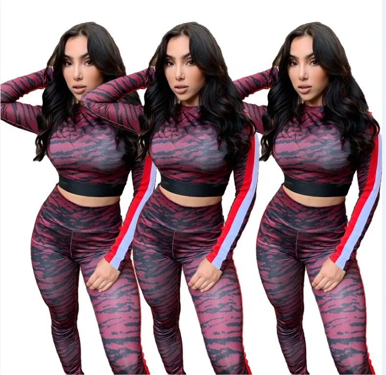 

2021 New Sexy Floral Print Crop Top Pants Two Piece Sports Suits Outfits Set Long Sleeve Skinny Bodycon Tracksuits for Women