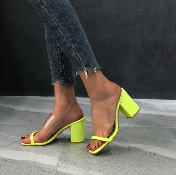 

2021 New Arrivals Women Chunky Heel Platform Casual Transparent Sandals Ladies Square Slides Footwear Sexy Women High Heel Shoes