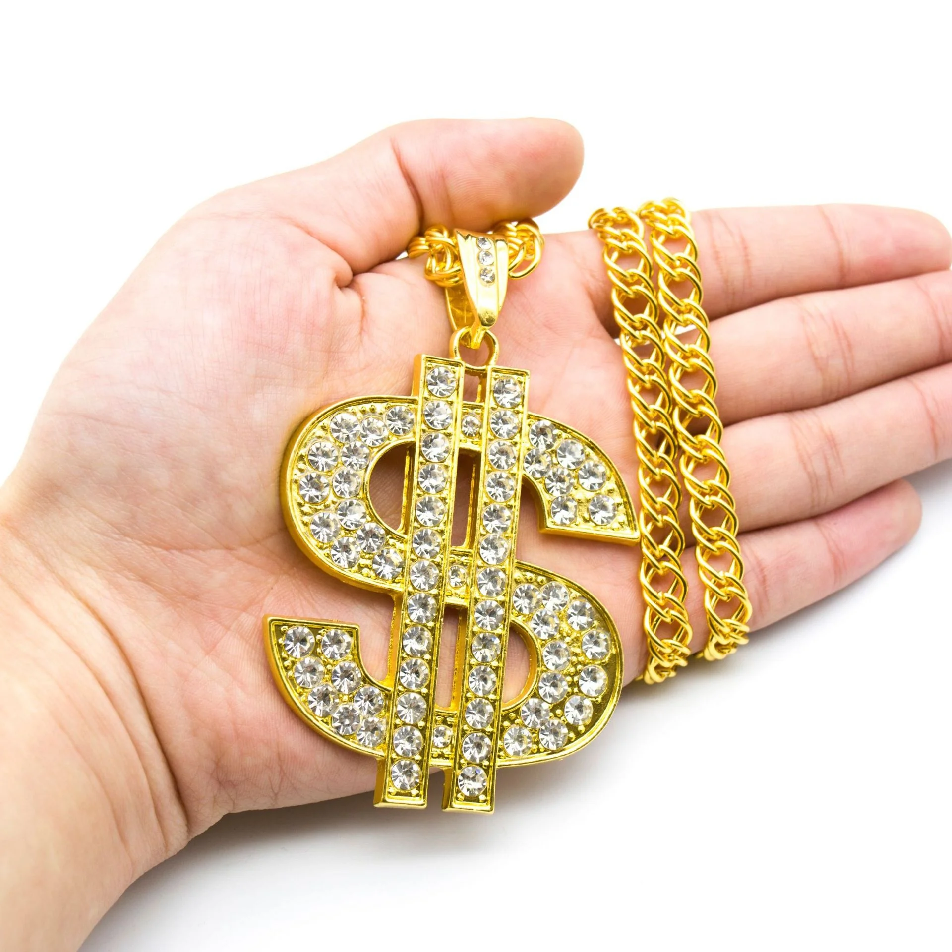 

Hip-hop CLUB exaggerates full of rhinestone dollar symbol pendant gold plated necklace