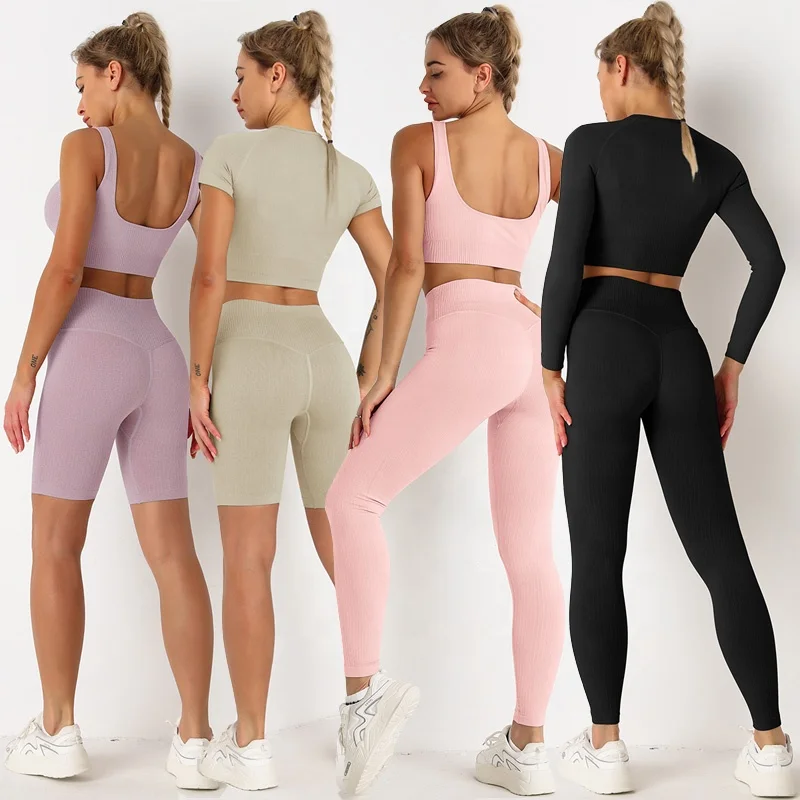 

Dropshipping Women 5 PCS Workout Set Long sleeve+Short sleeve+Bra+Leggings+shorts Sports Suit Yoga clothes Outfits, Black, light purple, pink, gray, taro purple, dark gray, purple