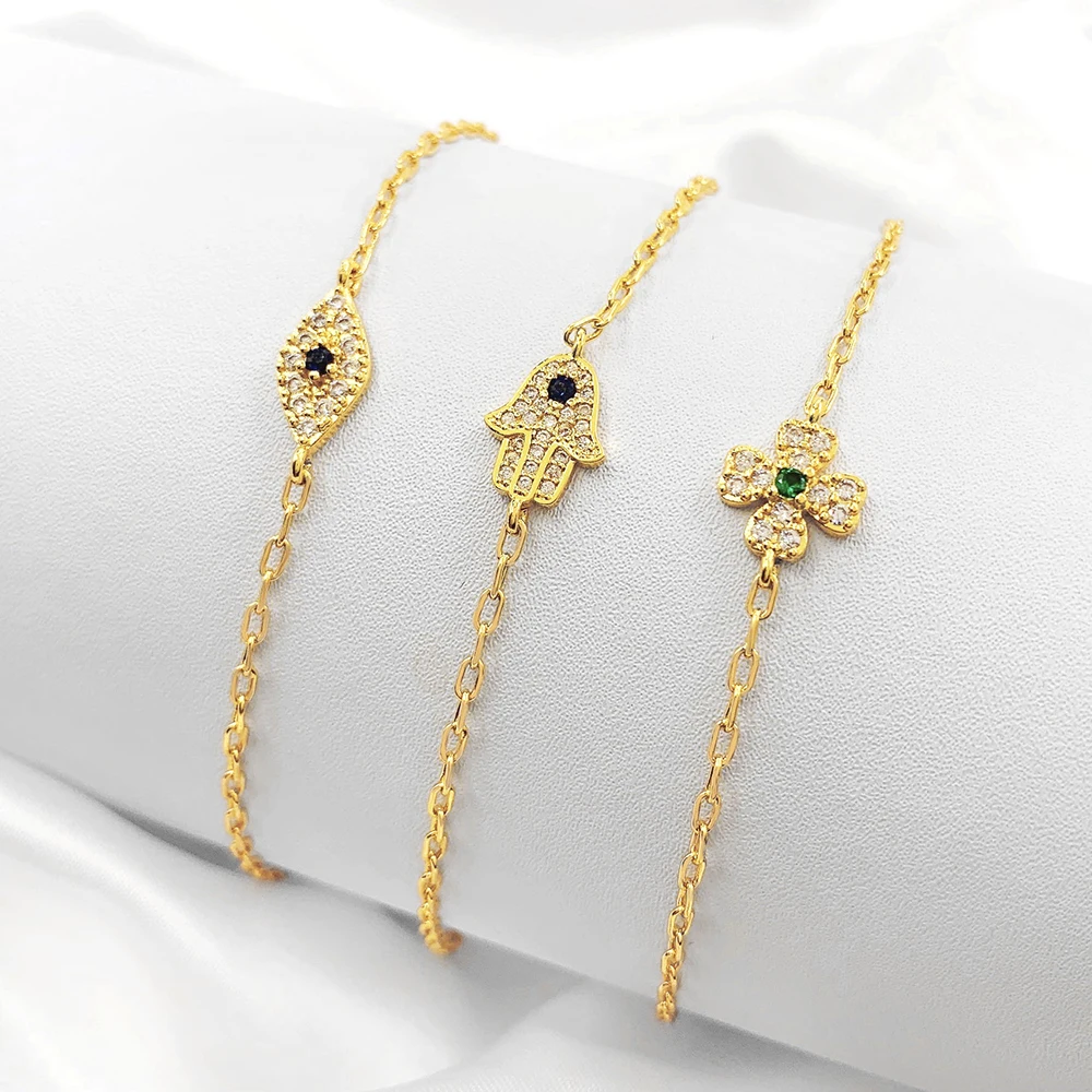 

18k gold plated adjustable chain minimalist charms four leaf clover hamsa evil-eye bracelet