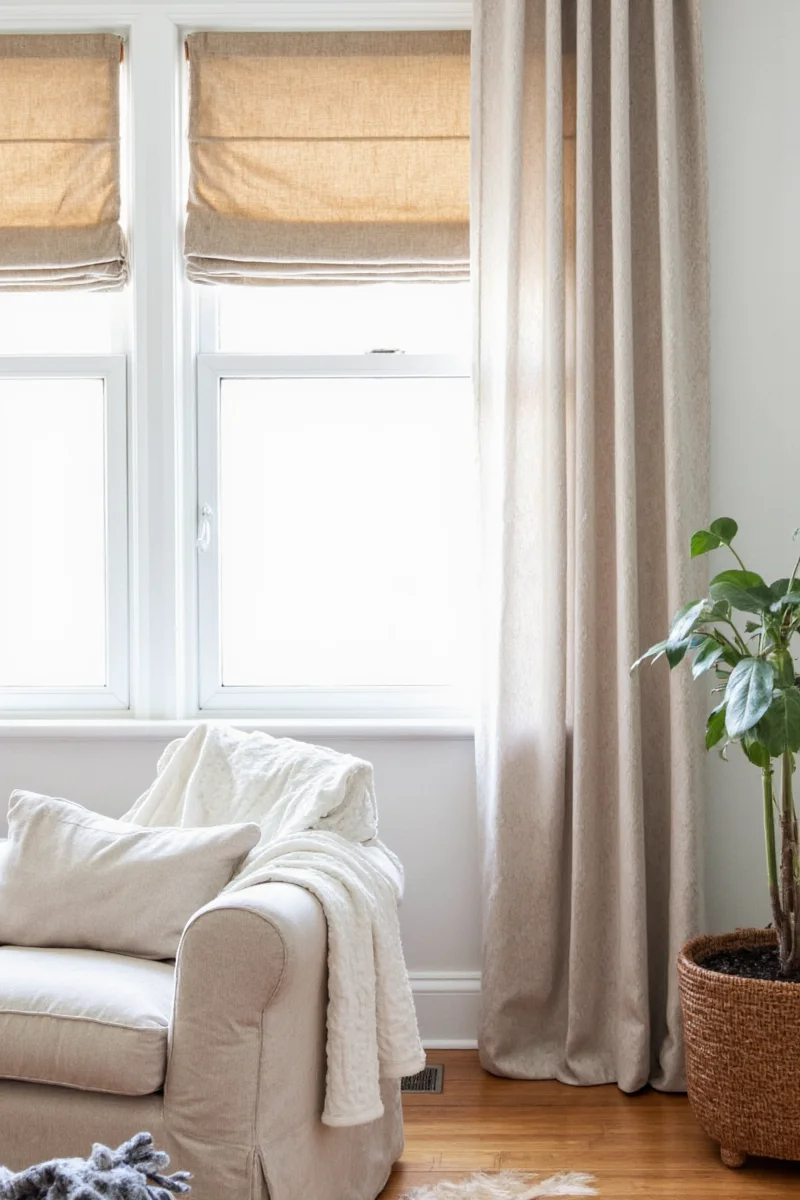 Living Room with Curtains and Plantation Blinds
