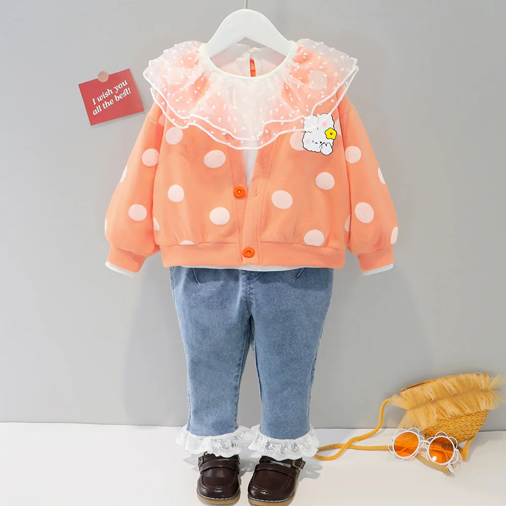 

Girls' Autumn Long-sleeved Suit, Children's Flower Cardigan Jacket, Three-piece Trousers