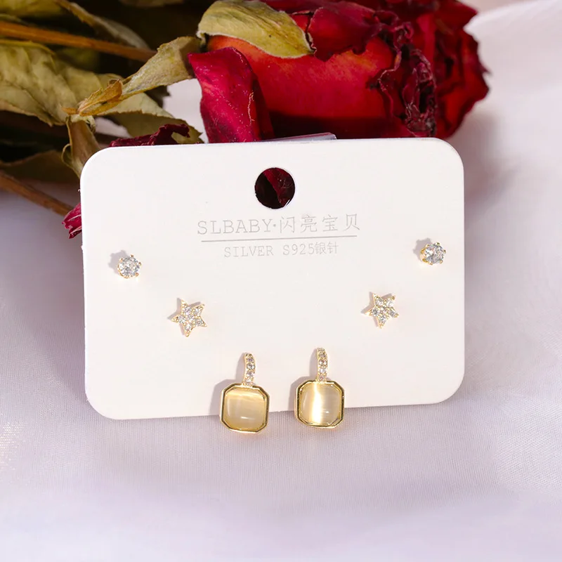 

New style 925 sterling silver stud earrings opal exquisite and cute female earrings three pairs of earrings stud set, Colorful