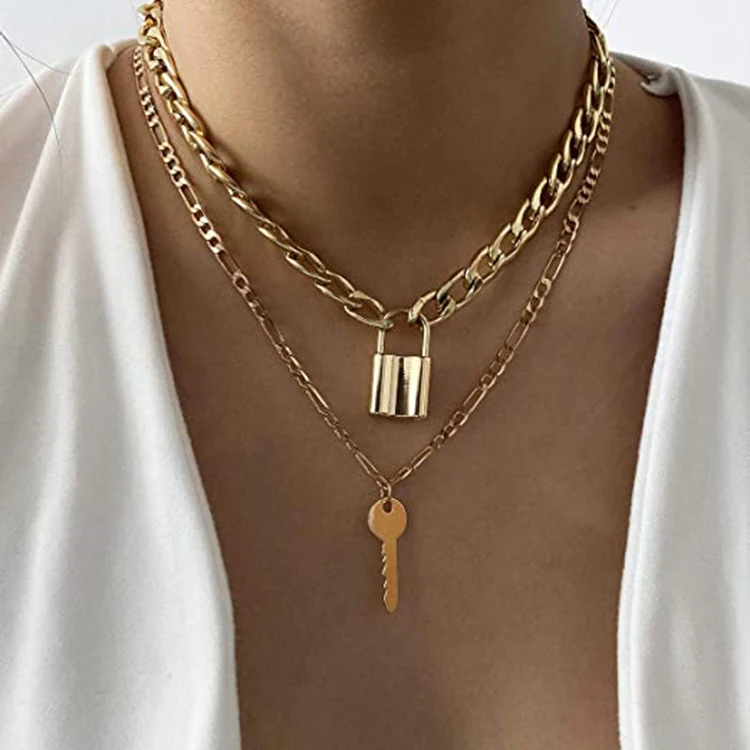 

Fashion Gold Key Necklace Lock Necklace Layering Necklace for Women, Gold,silver,rose