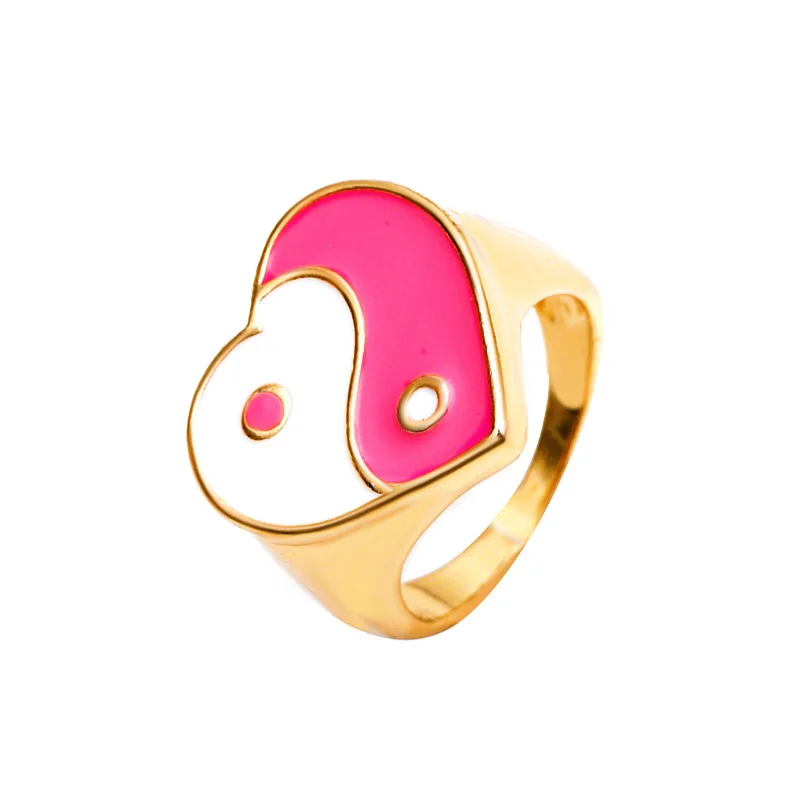 

Wholesale Alloy Metal Heart With Yin Yang Tai Chi Gossip Drip Glaze Ring Chunky Gold Ring For Women, Like picture