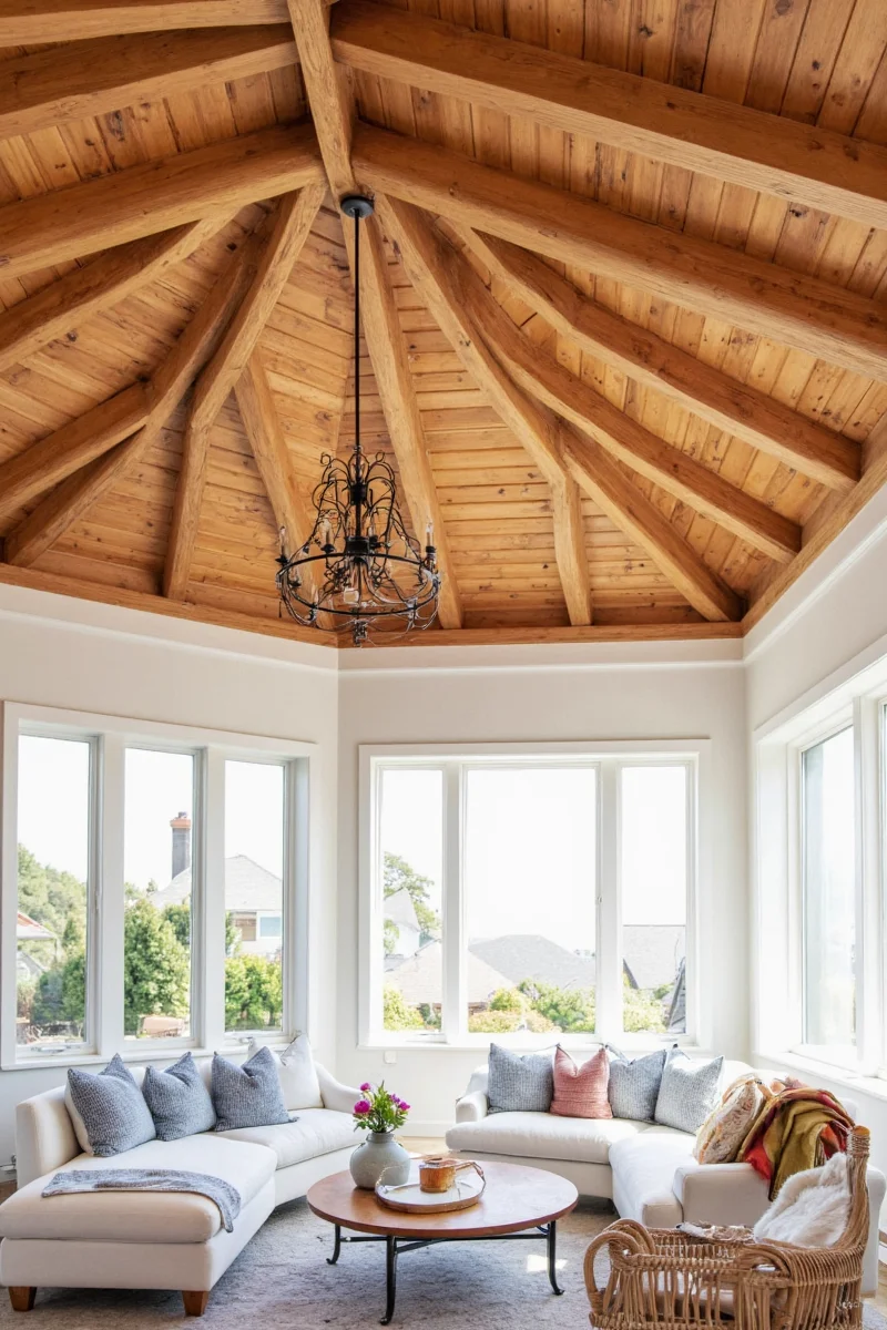 Bright breakfast nook with exposed wood ceiling