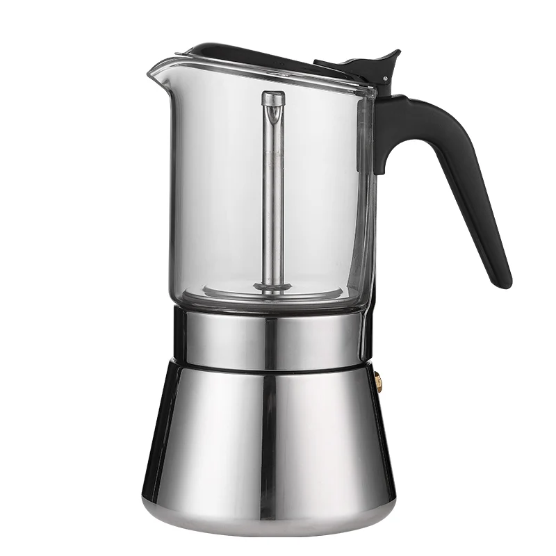

Amazon Hot Selling Customizable Logo Glass Stainless Steel Food Grade Mocha Coffee Maker Stovetop Moka Pot