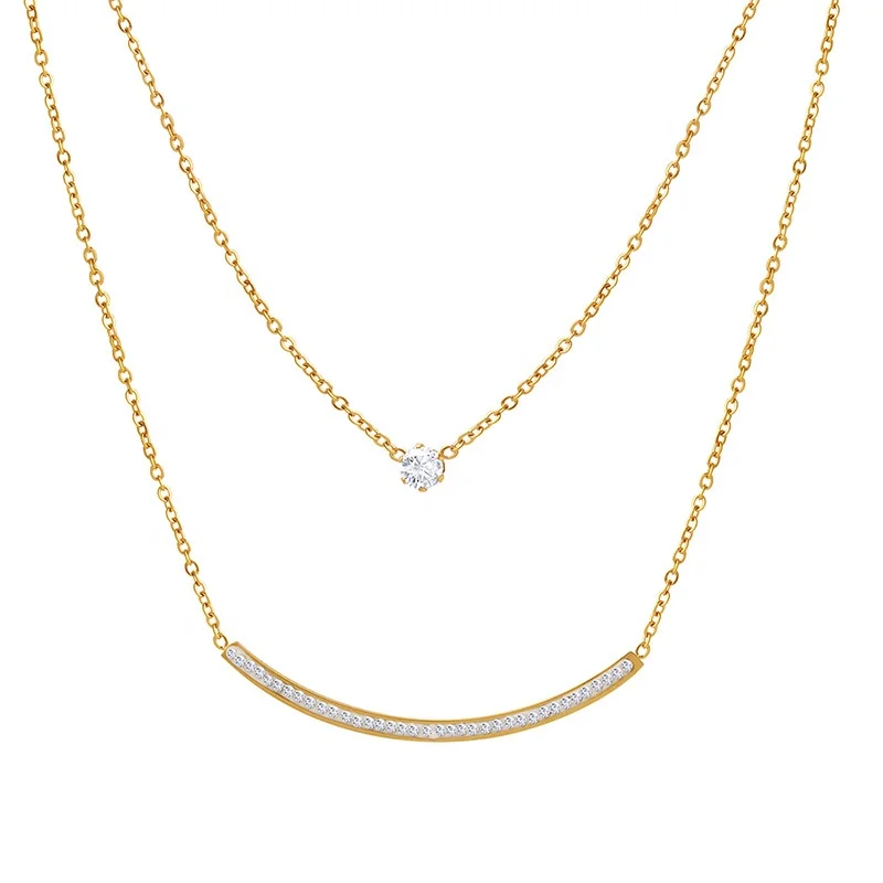 

Classic Design Fashion Jewelry Double Chain Stainless Steel Gold Plated Zircon Women Initial Diamond Necklace