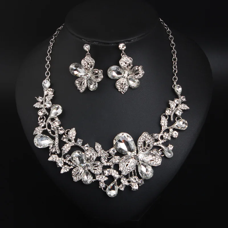 XLNK76 Floral wedding necklace earrings jewelry set Wholesale jewelry Crystal New women's fashion luxury jewelry set