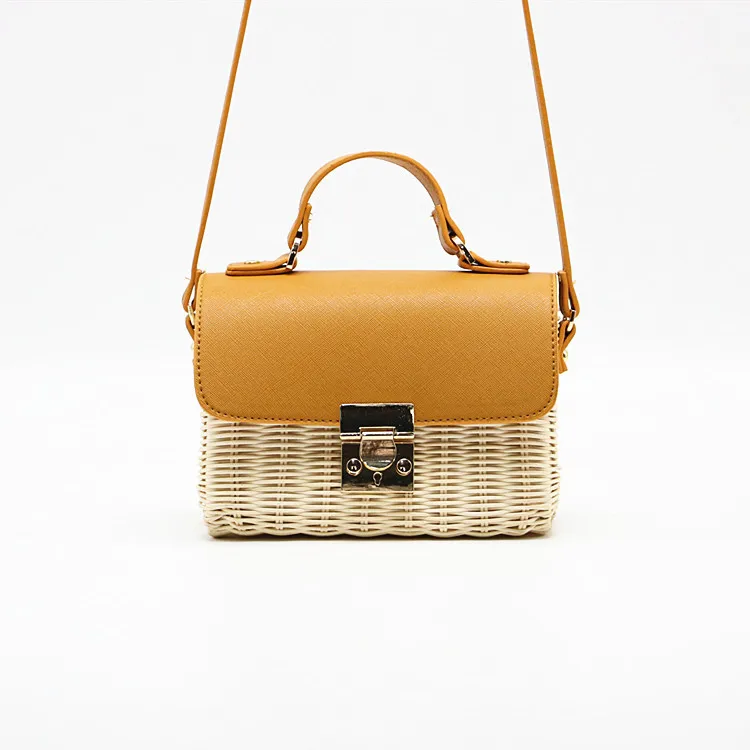 

Newest style flap rattan woven leather strap crossbody handbag beach PU handle womens shoulder straw bag, Camel. black