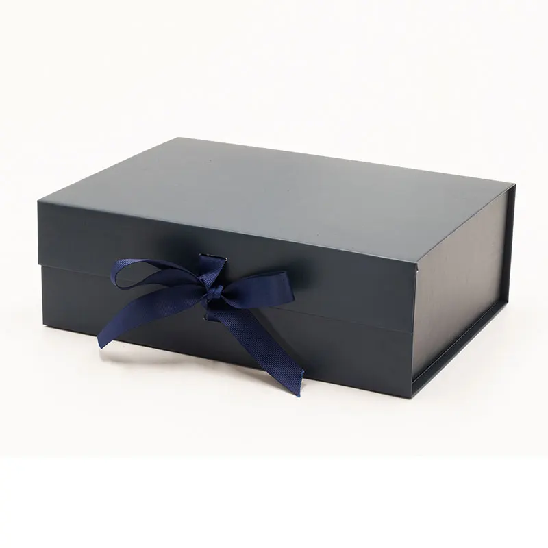 

Custom color ribbon ready stock folding rigid deep navy blue gift box with bow