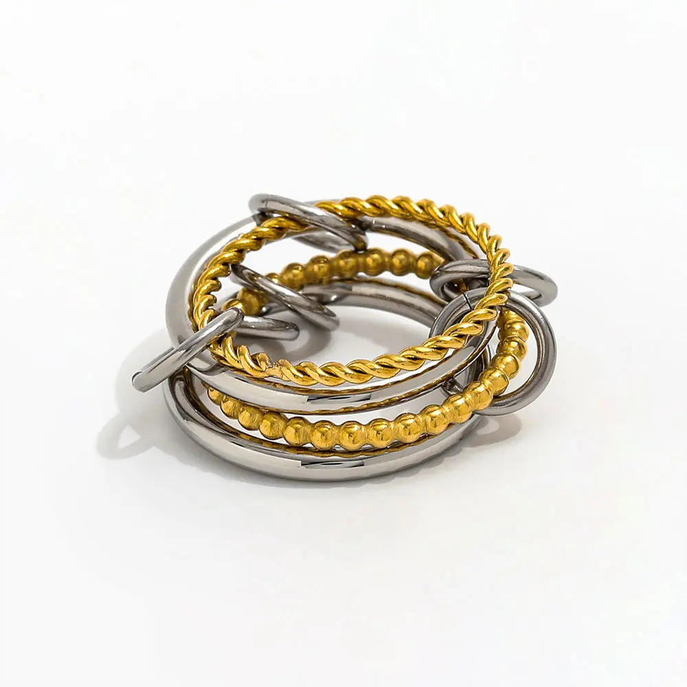 Joolim High-End 18K Gold Plated Two-Tone Four-Piece Layered Rope Round Lines Ring for Women Luxury Jewelry Wholesale