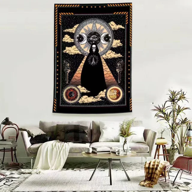 

Black Sun Tapestry Mandala Moon Skeleton Gossi Tapestry Wall Hanging Hippie Tapestries Wall Cloth Carpet Bed Cover Home Decor