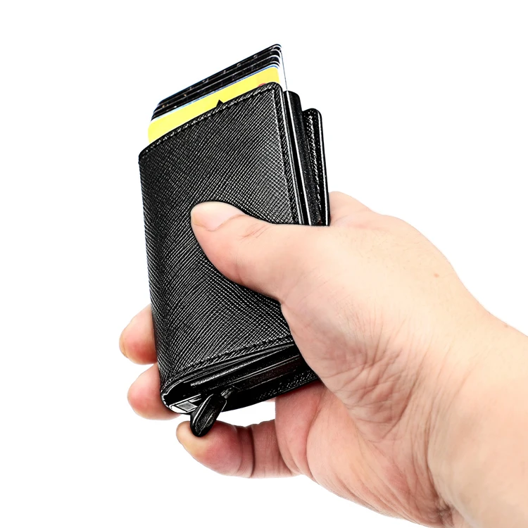 

New designer metal aluminum business card holder pu leather automatic rfid wallet card pop up, As per picture