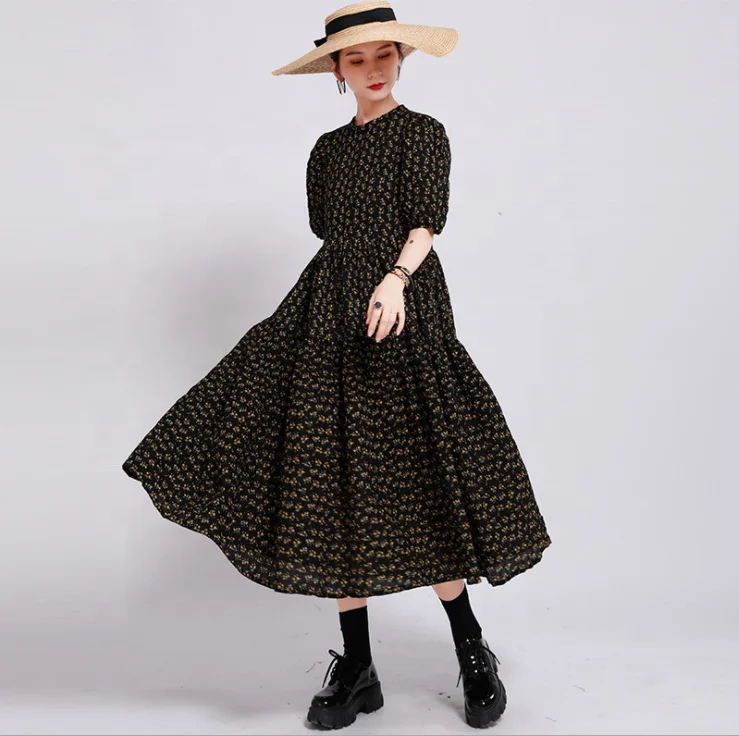 

2021 New Over-the-knee Puff Sleeves Large Swing Yellow Print Casual Dress Summer Dress Long Dresses Women, Black