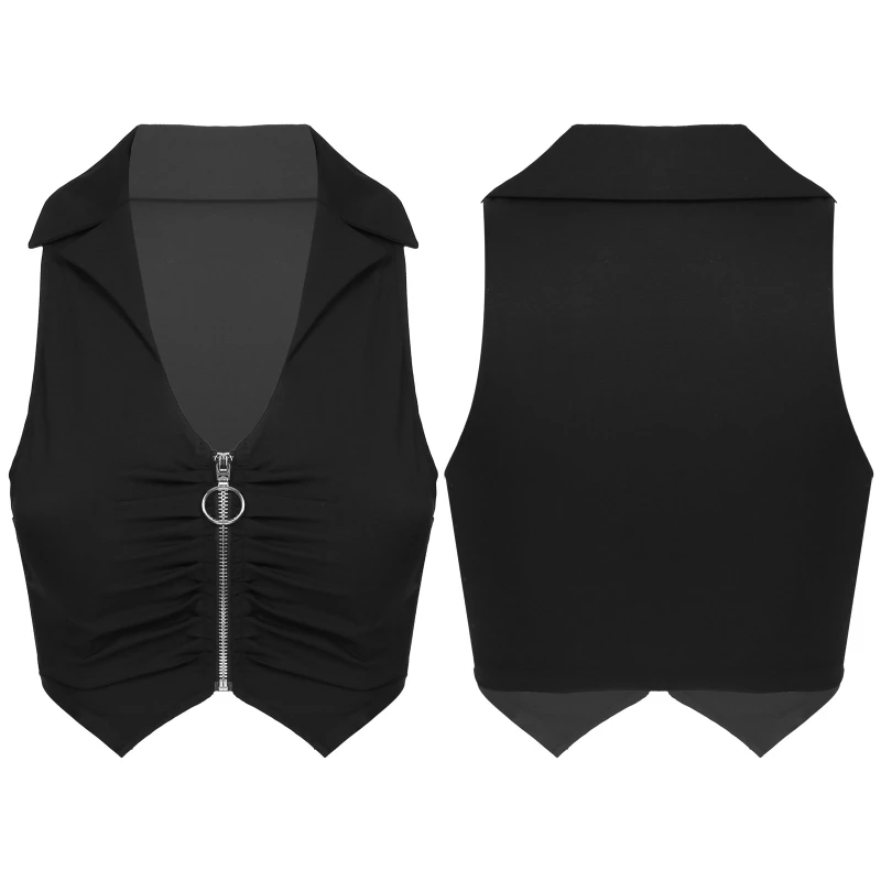 

Wholesale Womens Lapel Deep V Neck Sleeveless Zipper Ruched Top Streetwear Clubwear