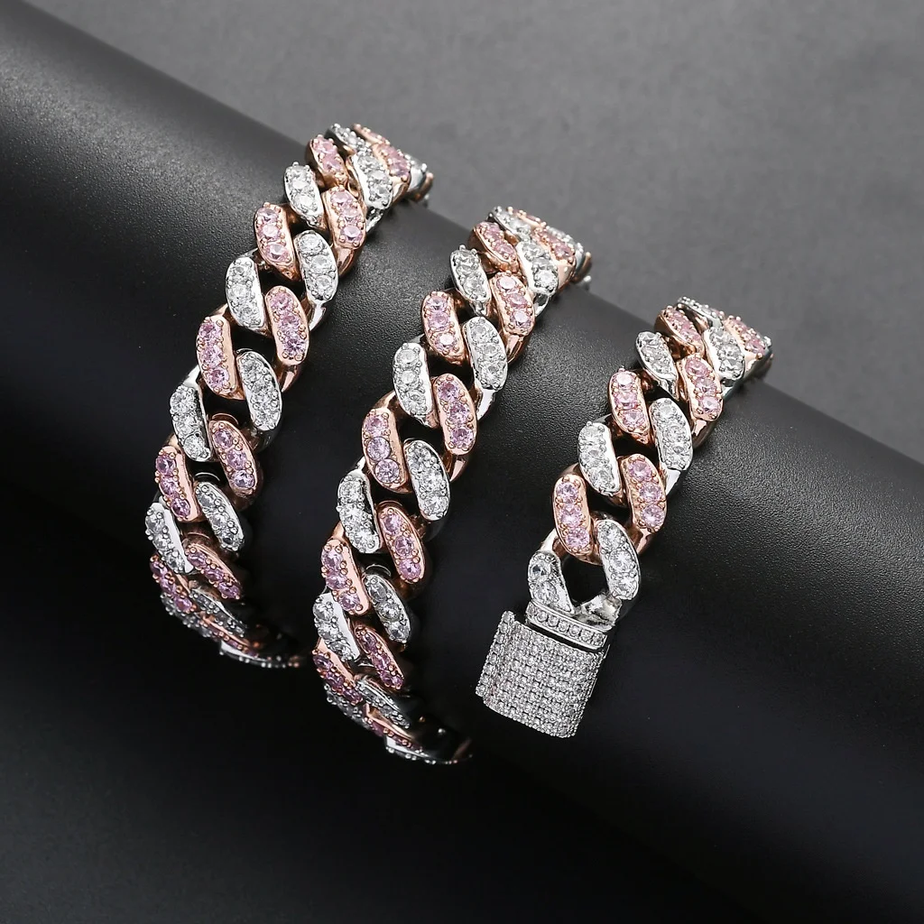 

Women Mens 12mm Micro Paved Pink and Crystal CZ Miami Cuban Link Chain Necklace Hip Hop Iced Out Diamond Chain Jewelry, Pink+white