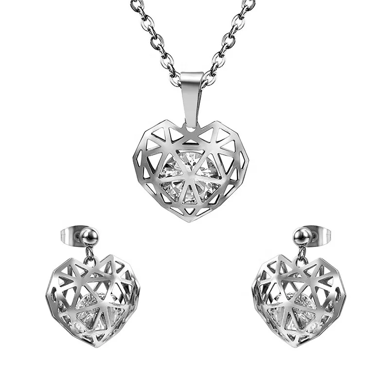 

New Product High Quality Trendy Fashion Jewelry 316L Stainless Steel Heart Shape Mesh Necklaces And Earrings Jewelry Sets, Gold,silver