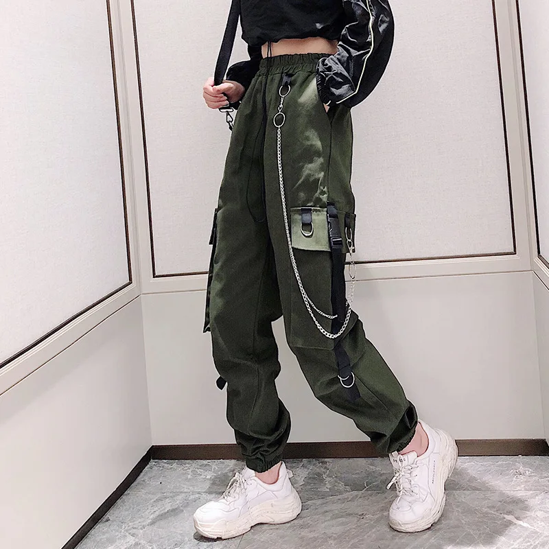 

Womens Cargo Pants Buckle Ribbon Pocket Jogger Elastic Waist High women Harajuku Pant Punk Ring Chain Females Trousers