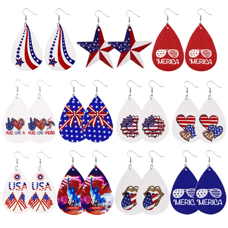 

New Design Independence Day Earrings Handmade Layered Leather American Flag Patriotic 4th of July Earrings for Women 2021