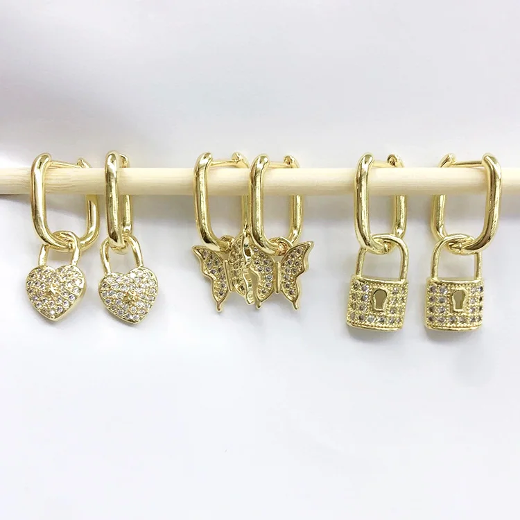 

EC1620 2020 Womans Fashion Dainty CZ Lock Butterfly Charm Earrings, CZ Micro Butterfly Hoop Huggie Earring, Gold,silver