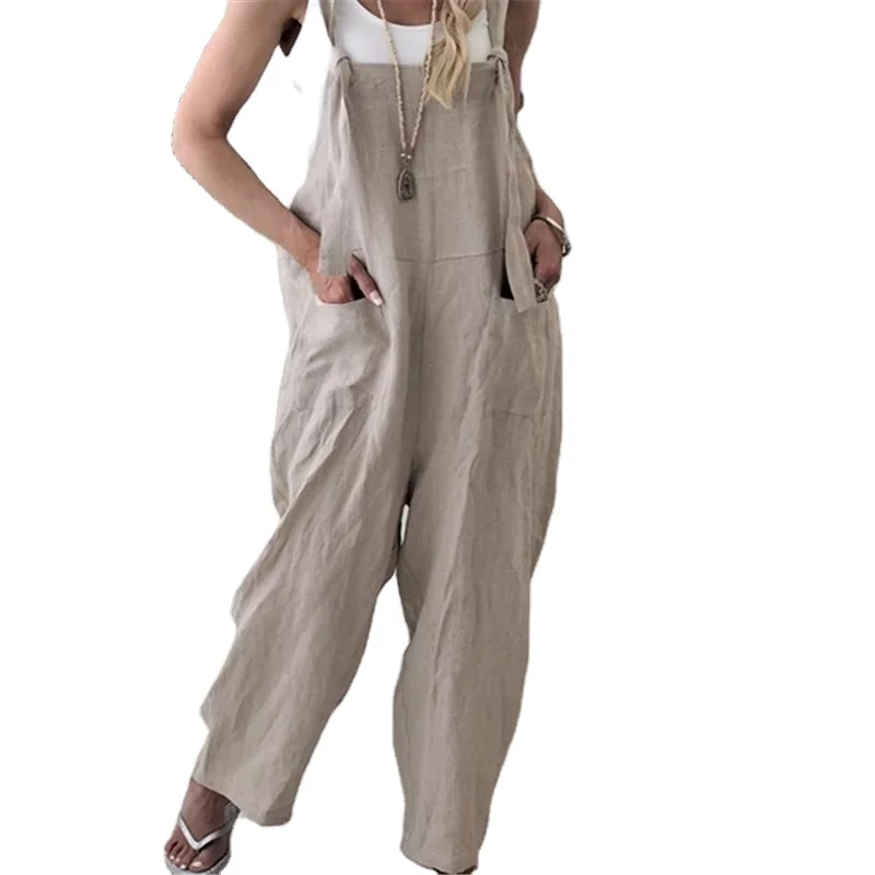 Spring Summer Women Casual Loose Overalls Cotton Linen Solid Pockets Rompers Jumpsuit Womens Wide Leg Cropped Pants