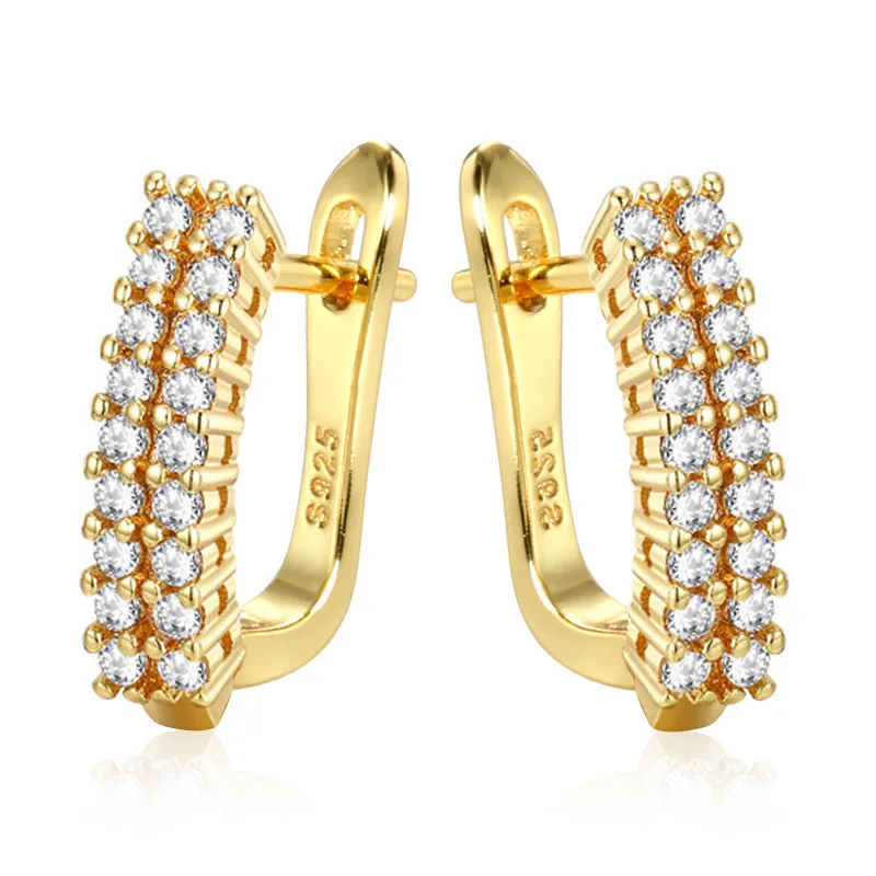 

Wholesale Fancy Small Gold-Plated Earrings Designs Double Layer Full Crystal Diamond Earring For Party Girls, Gold/silver