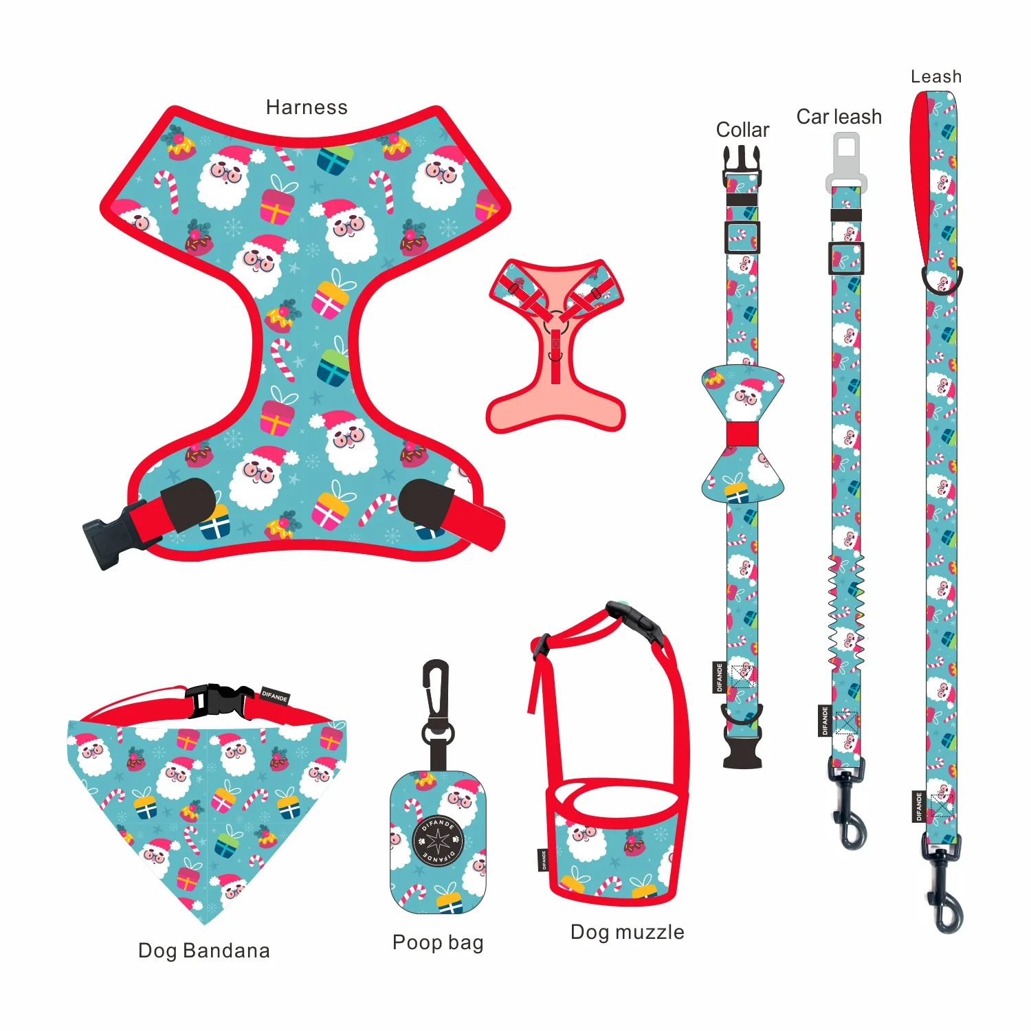 

OEM ODM Christmas 7 Pcs Puppy Dog Bandana Vest Harness Leash Bowtie Collar Set