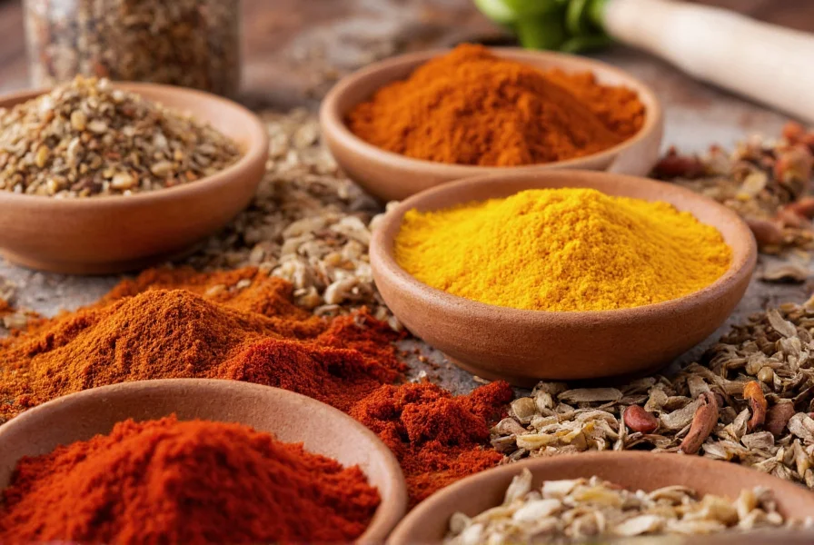 Close-up of various spices arranged in small bowls for homemade chili seasoning blend