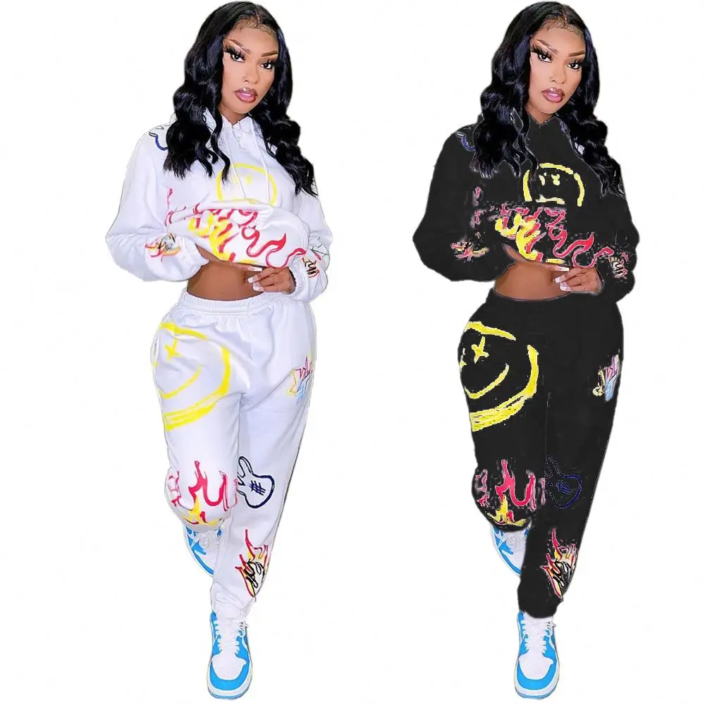 

Wholesale Clothes Graffiti Tracksuits Long Sleeve Hoodies Sweatpants Two Piece Set Streetwear Women Clothing Jogger Sweatsuit