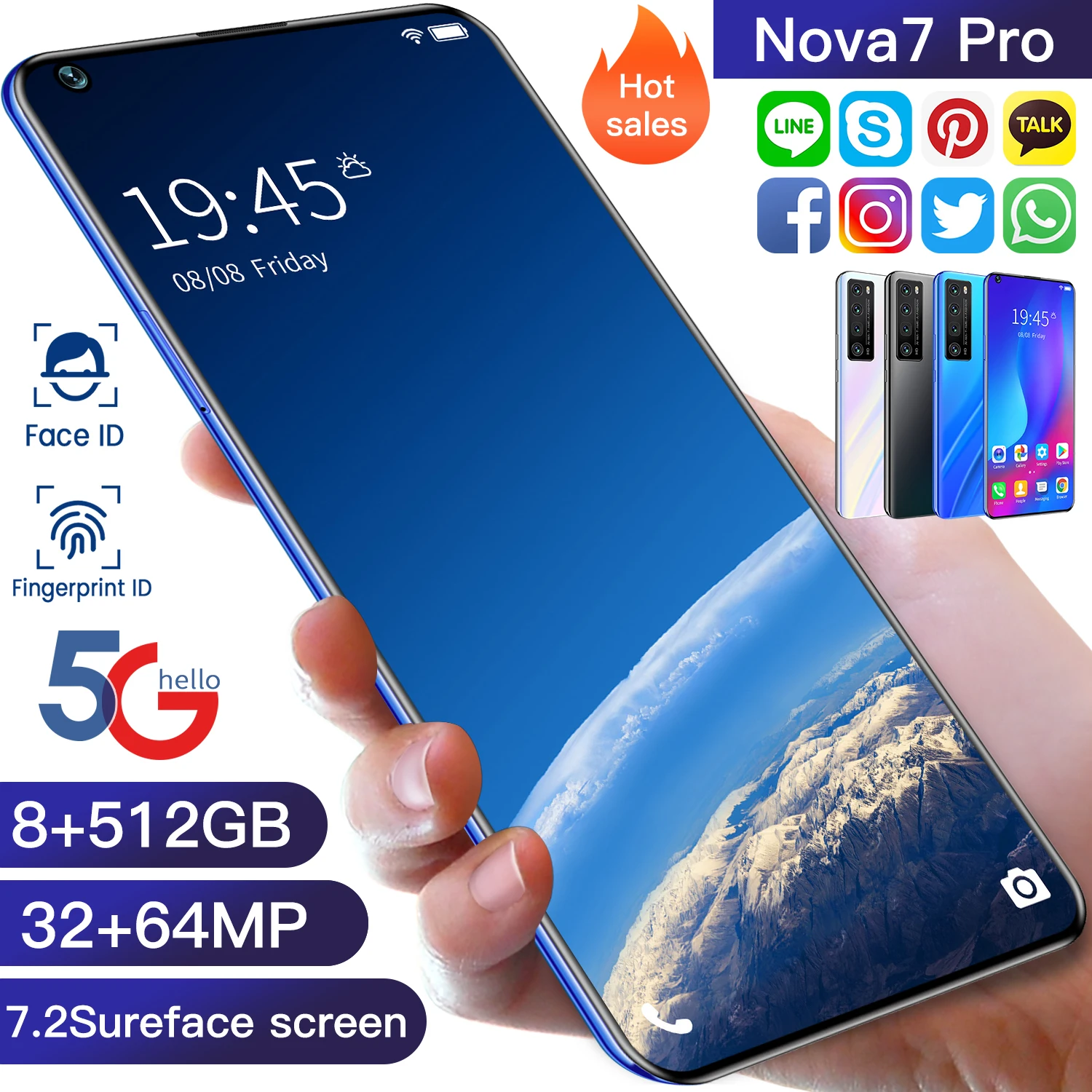 

free shipping to pakistan Indonisia Android 10 8GB+512GB Sales 7.2 Inch android unlocked cell smart Full Screen mobile phones