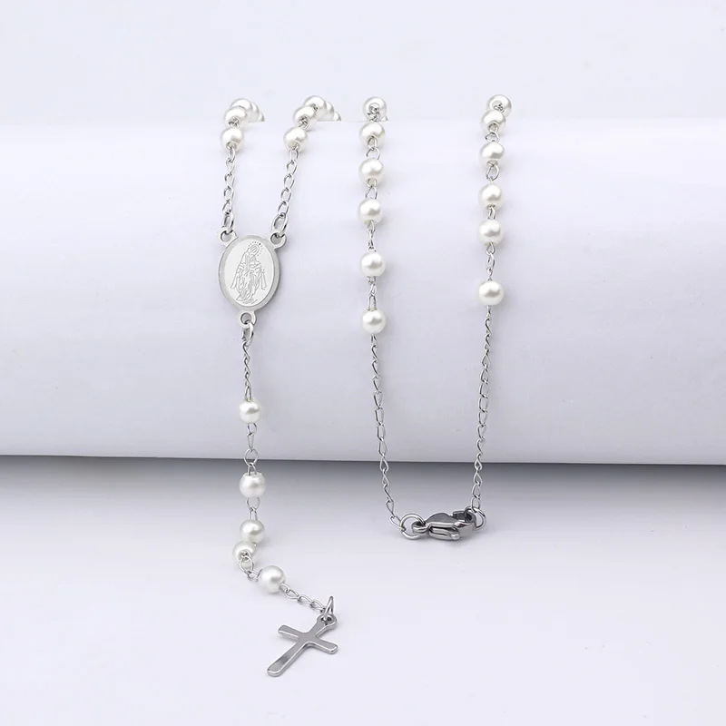 

Stainless Steel Cross Virgin Mary Pendant Necklace 4mm Rosary Pearls Beads Necklaces For Christian Jewelry