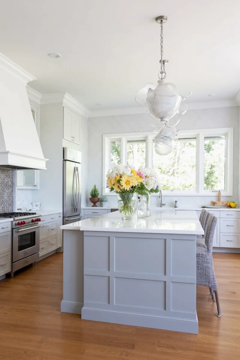 Matte finish white and gray kitchen cabinets