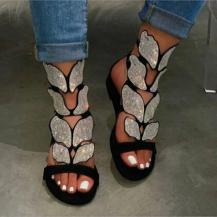 

2021 Woman Crystal Flat Sandals Ladies Open Toe Butterfly Buckle Shoes Women Comfort Casual Fashion Sandals Female Summer