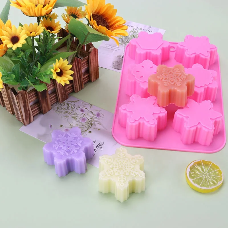 

Wholesale 6 Even different Pattern Pink Snowflake Silicone Mold Christmas Soap Mold Christmas Silicone Mold