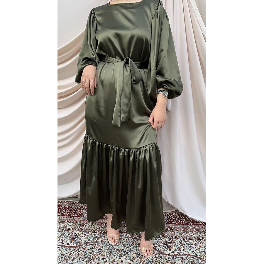 

Solid Color Women Muslim Party Evening Ruffles Slim Dress Abaya Puff Sleeve Satin Dress, Green,gold,blue,black,customized