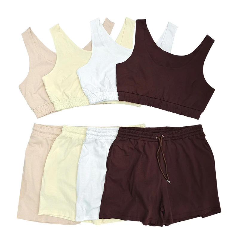 

OEM Custom Logo Sleeveless Summer Women Plus Size Two Piece Outfits Short Set, White/beige/brown/khaki