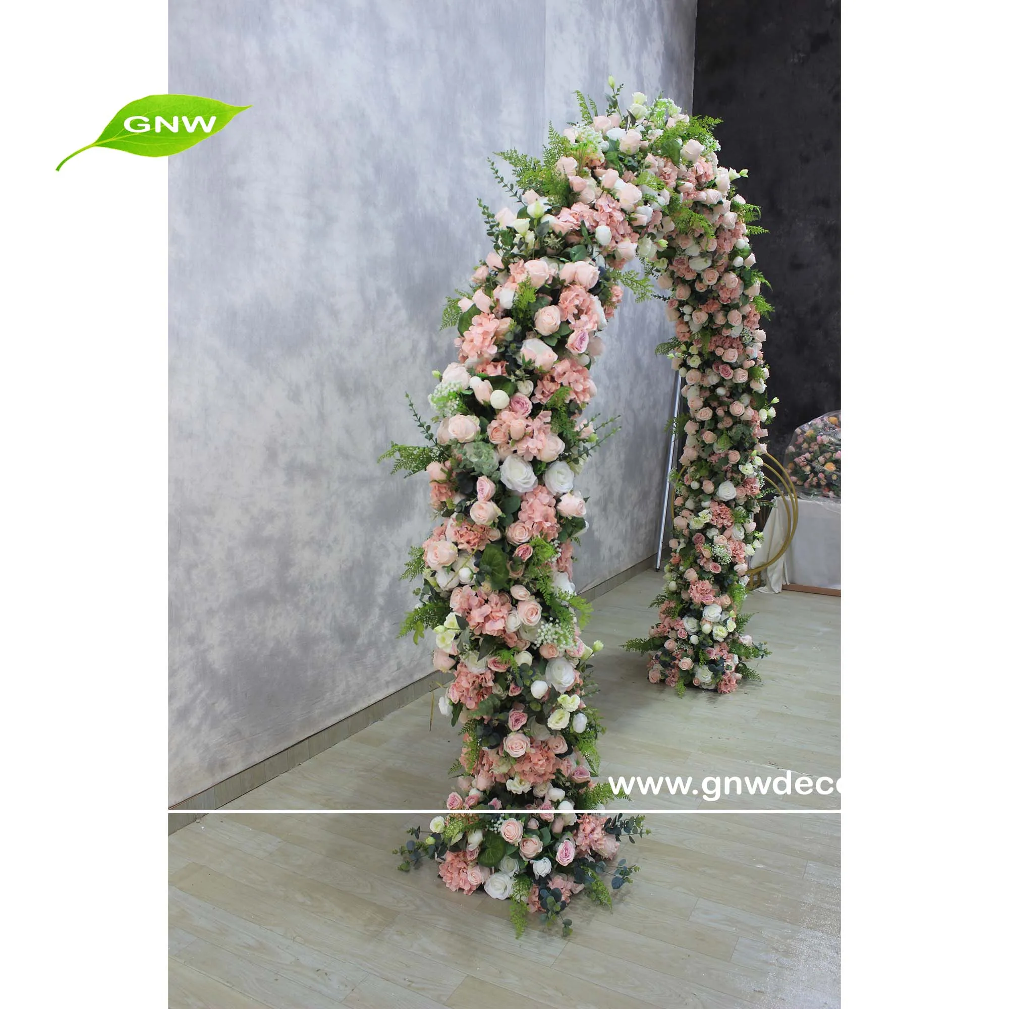 gnw 人造花拱门背景丝绸玫瑰和绿叶花装饰花金属拱门为婚礼