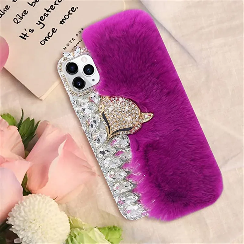 

Cute Furry Winter Warm Rabbit Hair Plush Fur Diamond 3D Fox Case Cover For iPhone 12 Pro Max 11 Pro XS Max XR X 8 7 6 6S Plus SE