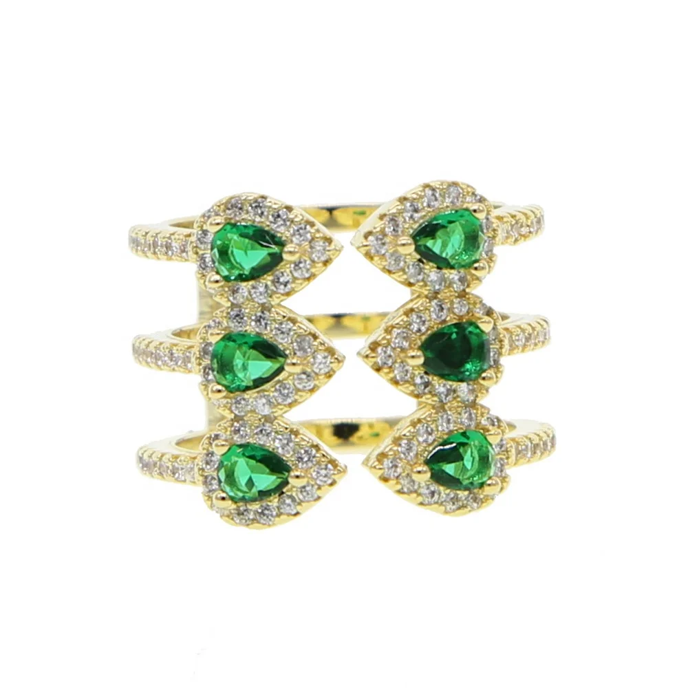 

high quality Gold color Open size Green tear drop cubic zirconia fashion luxury engagement band CZ women ring jewelry