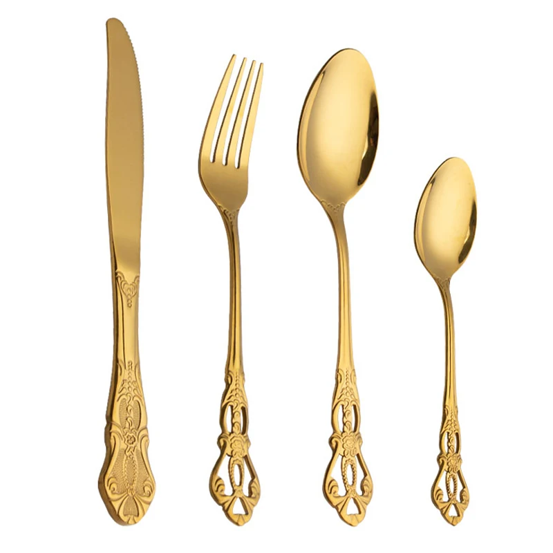 

Reusable Gold Cutlery Set Royal Luxury High Quality Stainless Steel 4pcs Flatware Set With Gift Box