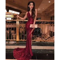 

Women Sequin Fabric Evening Dress Long Halter Side Slit Party Dresses Mermaid Evening Gown 2019