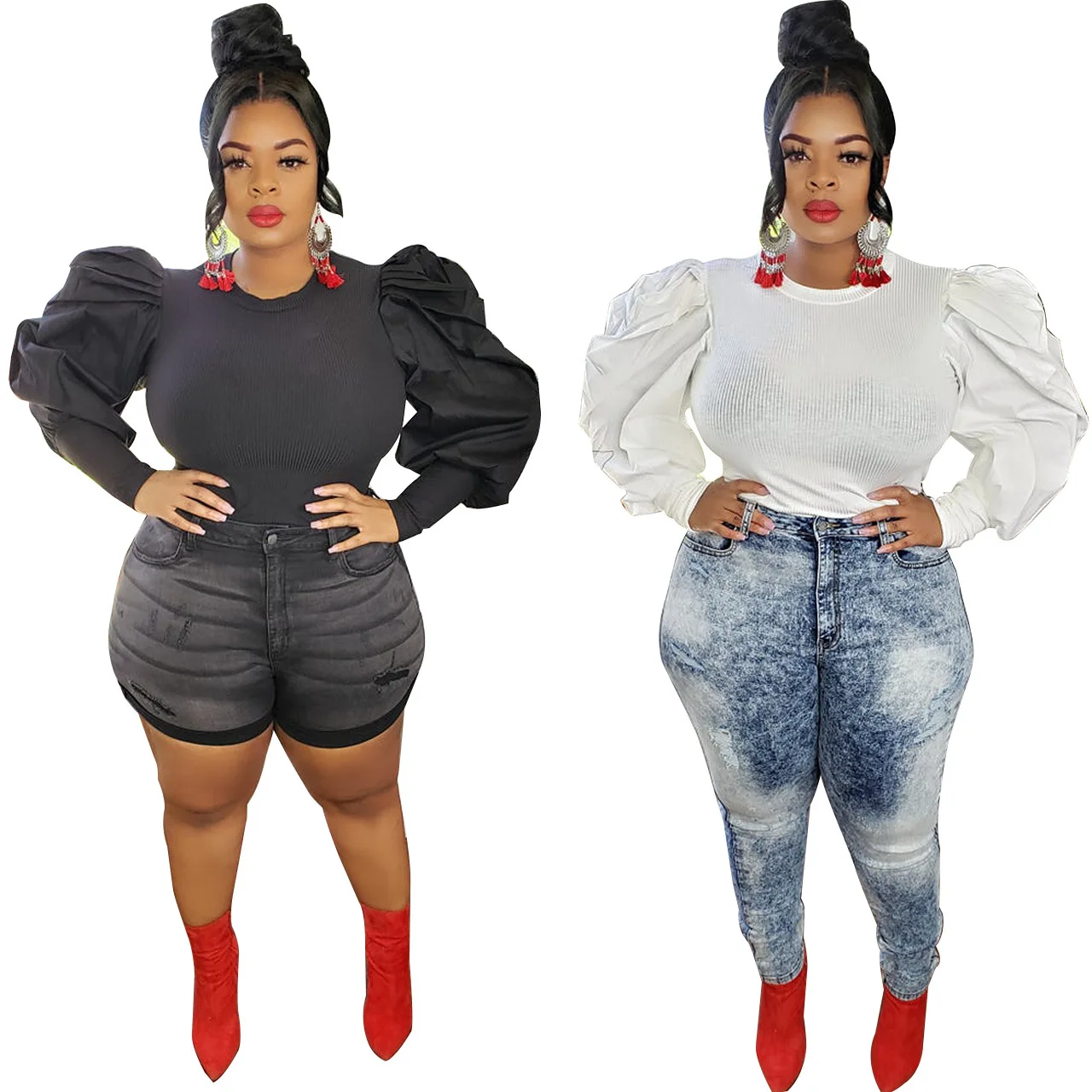 

2020 Hot Selling Fat Women Plus Size 5XL Slim Fitted Puff Long Sleeve Ribbed Top And Blouses, White and black or custom