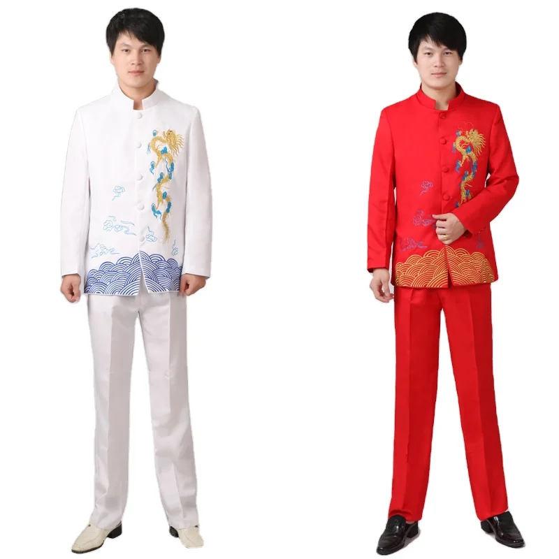 

Chinese Zhong shan Suits Traditional Embroidered tunic collar costume show host men's Chorus Clothing Coat + Pants, As the pictures