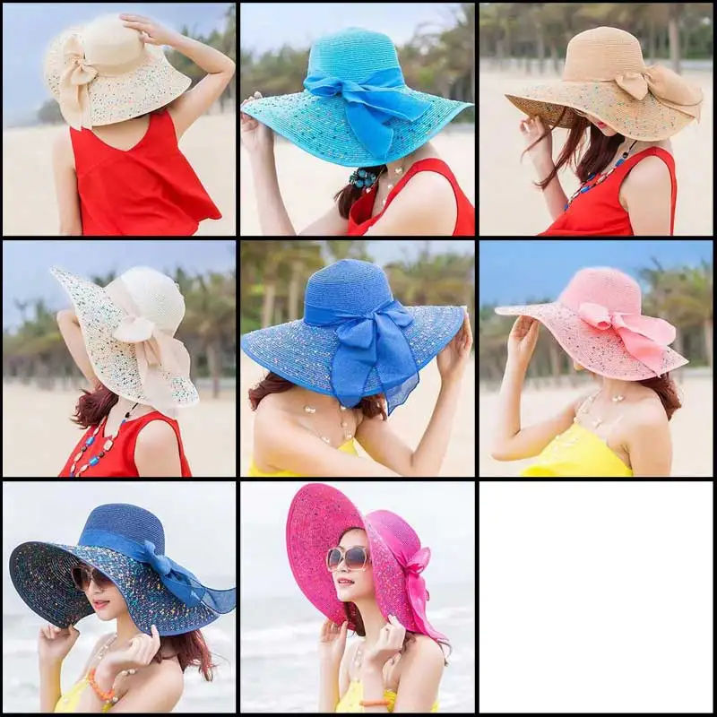 Fashion Straw Hat Ribbon Big Floppy Brim Visor Hat Summer Beach Visor Cap