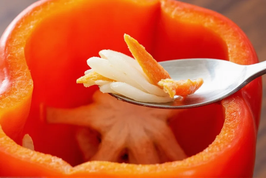Close-up of bell pepper seeds being removed with a spoon showing the white pith where capsaicin is concentrated