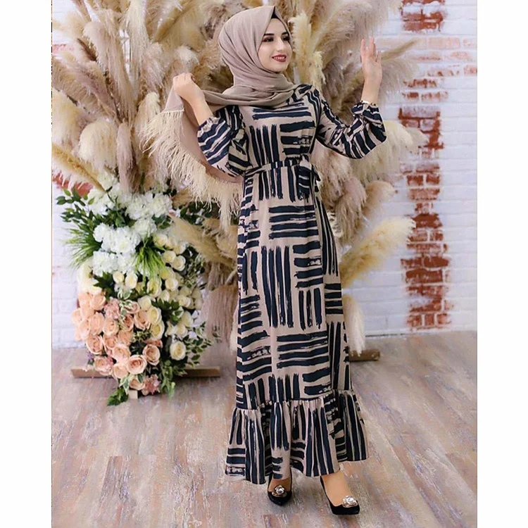 

Fashion Womens Long Muslim Dress Dubai Turkey Arab Maxi Bandage Abaya Kaftan islamic Clothing Ladies Printed Muslim Dress, 1 color